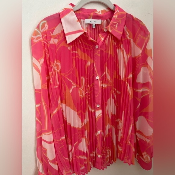 Milly Floral Pleated Blouse Pink Orange Small - Picture 6 of 9
